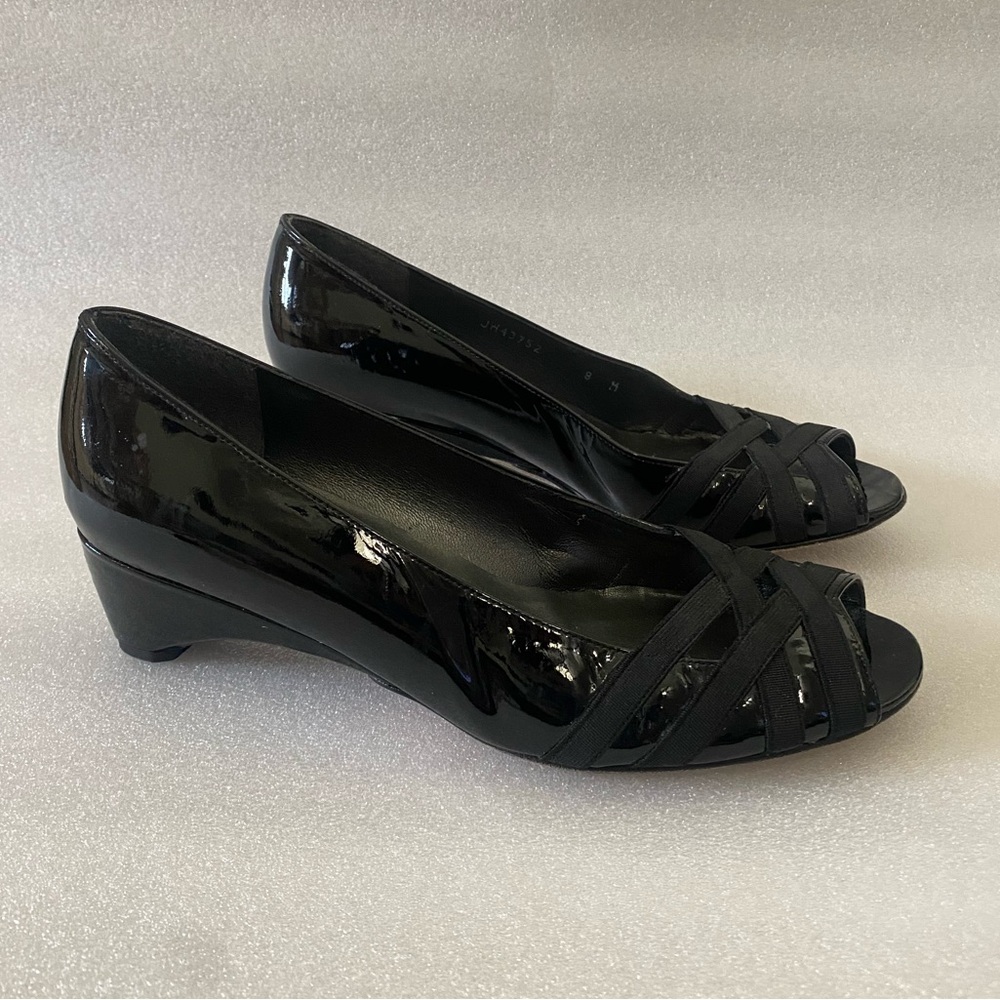 Stuart Weitzman Black Patent Leather peep toe  wedges size 8